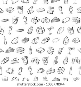 Food images. Background for printing, design, web. Seamless. Monochrome binary, black and white.