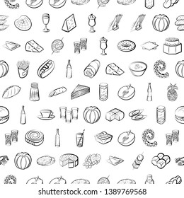 Food images. Background for printing, design, web. Seamless. Monochrome binary, black and white.