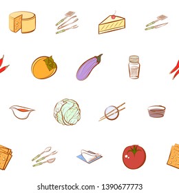 Food images. Background for printing, design, web. Usable as icons. Seamless. Colored.