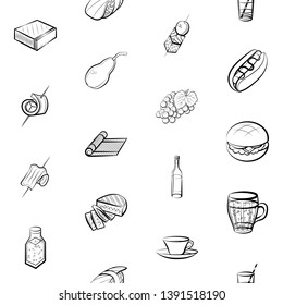 Food images. Background for printing, design, web. Seamless. Monochrome binary, black and white.