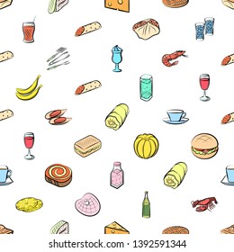 Food images. Background for printing, design, web. Usable as icons. Seamless. Colored.