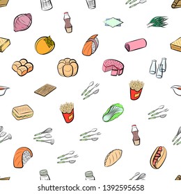 Food images. Background for printing, design, web. Usable as icons. Seamless. Colored.