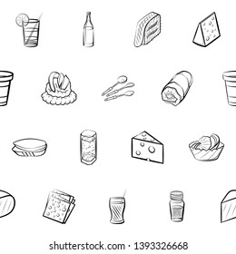 Food images. Background for printing, design, web. Usable as icons. Seamless. Monochrome binary, black and white.