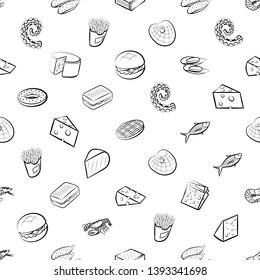Food images. Background for printing, design, web. Usable as icons. Seamless. Monochrome binary, black and white.