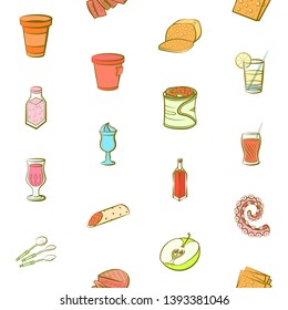 Food images. Background for printing, design, web. Usable as icons. Seamless. Colored.