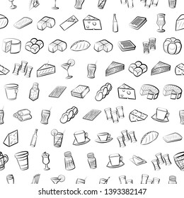 Food images. Background for printing, design, web. Seamless. Monochrome binary, black and white.