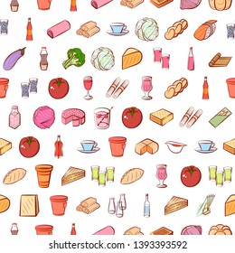 Food images. Background for printing, design, web. Usable as icons. Seamless. Colored.