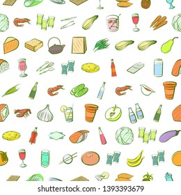 Food images. Background for printing, design, web. Usable as icons. Seamless. Colored.