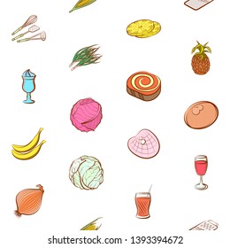 Food images. Background for printing, design, web. Usable as icons. Seamless. Colored.