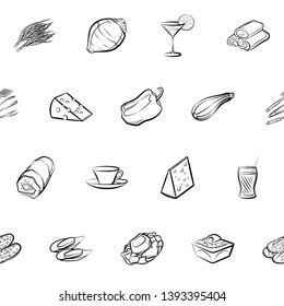 Food images. Background for printing, design, web. Seamless. Monochrome binary, black and white.