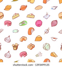 Food images. Background for printing, design, web. Usable as icons. Seamless. Colored.