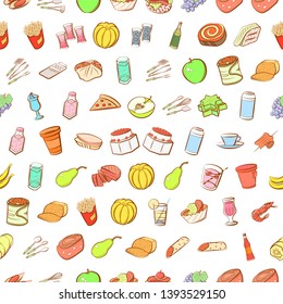 Food images. Background for printing, design, web. Usable as icons. Seamless. Colored.
