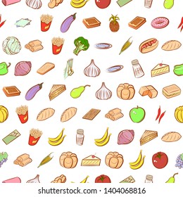 Food images. Background for printing, design, web. Usable as icons. Seamless. Colored.