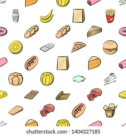 Food images. Background for printing, design, web. Usable as icons. Seamless. Colored.