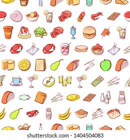 Food images. Background for printing, design, web. Usable as icons. Seamless. Colored.