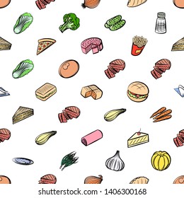 Food images. Background for printing, design, web. Usable as icons. Seamless. Colored.