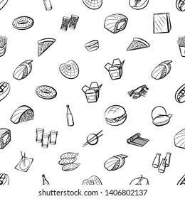 Food images. Background for printing, design, web. Usable as icons. Seamless. Monochrome binary, black and white.
