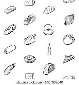 Food images. Background for printing, design, web. Usable as icons. Seamless. Monochrome binary, black and white.