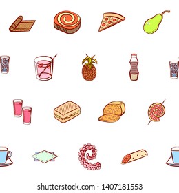 Food images. Background for printing, design, web. Usable as icons. Seamless. Colored.