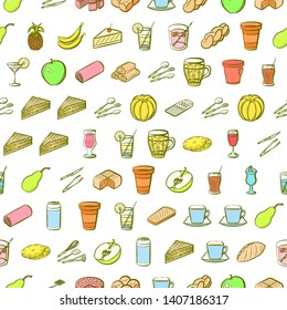 Food images. Background for printing, design, web. Usable as icons. Seamless. Colored.