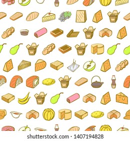 Food images. Background for printing, design, web. Usable as icons. Seamless. Colored.