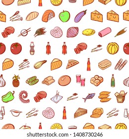 Food images. Background for printing, design, web. Usable as icons. Seamless. Colored.