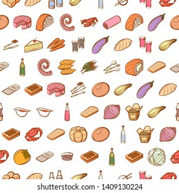 Food images. Background for printing, design, web. Usable as icons. Seamless. Colored.