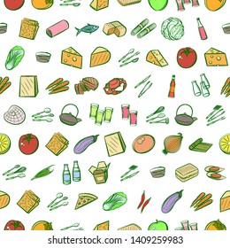 Food images. Background for printing, design, web. Usable as icons. Seamless. Colored.