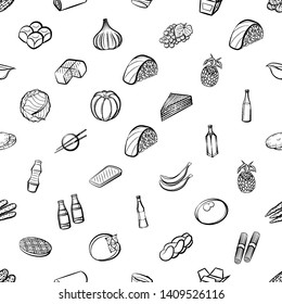 Food images. Background for printing, design, web. Usable as icons. Seamless. Monochrome binary, black and white.