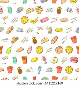 Food images. Background for printing, design, web. Usable as icons. Seamless. Colored.