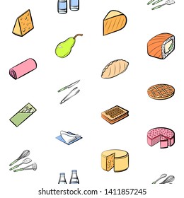 Food images. Background for printing, design, web. Usable as icons. Seamless. Colored.