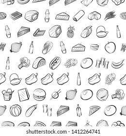 Food images. Background for printing, design, web. Usable as icons. Seamless. Monochrome binary, black and white.