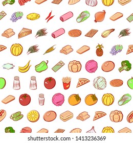 Food images. Background for printing, design, web. Usable as icons. Seamless. Colored.