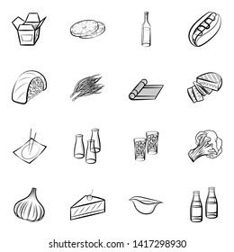 Food images. Background for printing, design, web. Usable as icons. Monochrome binary, black and white.