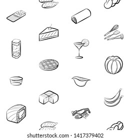 Food images. Background for printing, design, web. Usable as icons. Seamless. Monochrome binary, black and white.