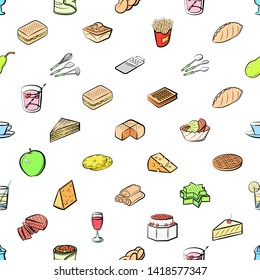 Food images. Background for printing, design, web. Usable as icons. Seamless. Colored.
