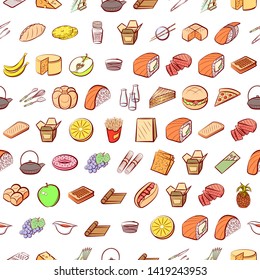 Food images. Background for printing, design, web. Usable as icons. Seamless. Colored.