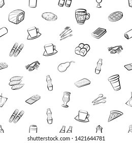 Food images. Background for printing, design, web. Usable as icons. Seamless. Monochrome binary, black and white.