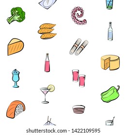 Food images. Background for printing, design, web. Usable as icons. Seamless. Colored.