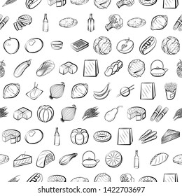 Food images. Background for printing, design, web. Usable as icons. Seamless. Monochrome binary, black and white.