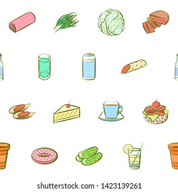 Food images. Background for printing, design, web. Usable as icons. Seamless. Colored.