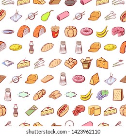 Food images. Background for printing, design, web. Usable as icons. Seamless. Colored.