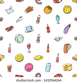 Food images. Background for printing, design, web. Usable as icons. Seamless. Colored.