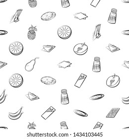 Food images. Background for printing, design, web. Usable as icons. Seamless. Monochrome binary, black and white.