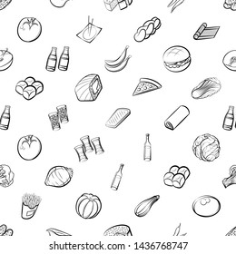 Food images. Background for printing, design, web. Usable as icons. Seamless. Monochrome binary, black and white.