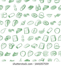 Food images. Background for printing, design, web. Usable as icons. Seamless. Binary color.