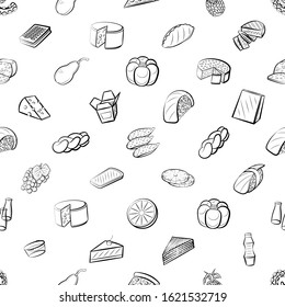 Food images. Background for printing, design, web. Usable as icons. Seamless. Monochrome binary, black and white.