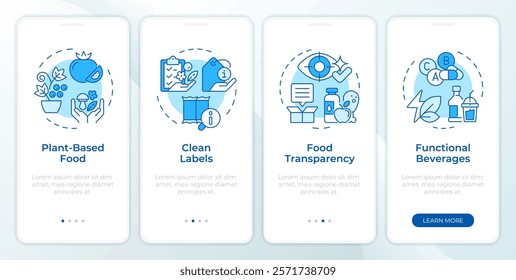 Food industry blue onboarding mobile app screen. Walkthrough 4 steps editable graphic instructions with linear concepts. UI, UX, GUI template