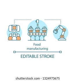 Food industry concept icon. Food processing, manufacturing idea thin line illustration. Cake production. Vector isolated outline drawing. Edtable stroke
