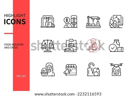 Food industry and crisis - modern line design style icons set on white background. Collection of meal production, supply of products to grocery stores, humanitarian aid, vegetables, milk, nutrition